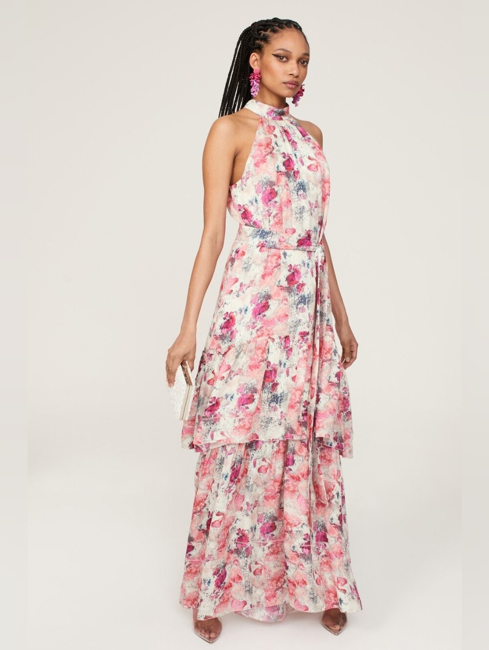 Marchesa Noche Rosie Halter Tiered Floral Maxi Dress - Pink Floral, Size 6